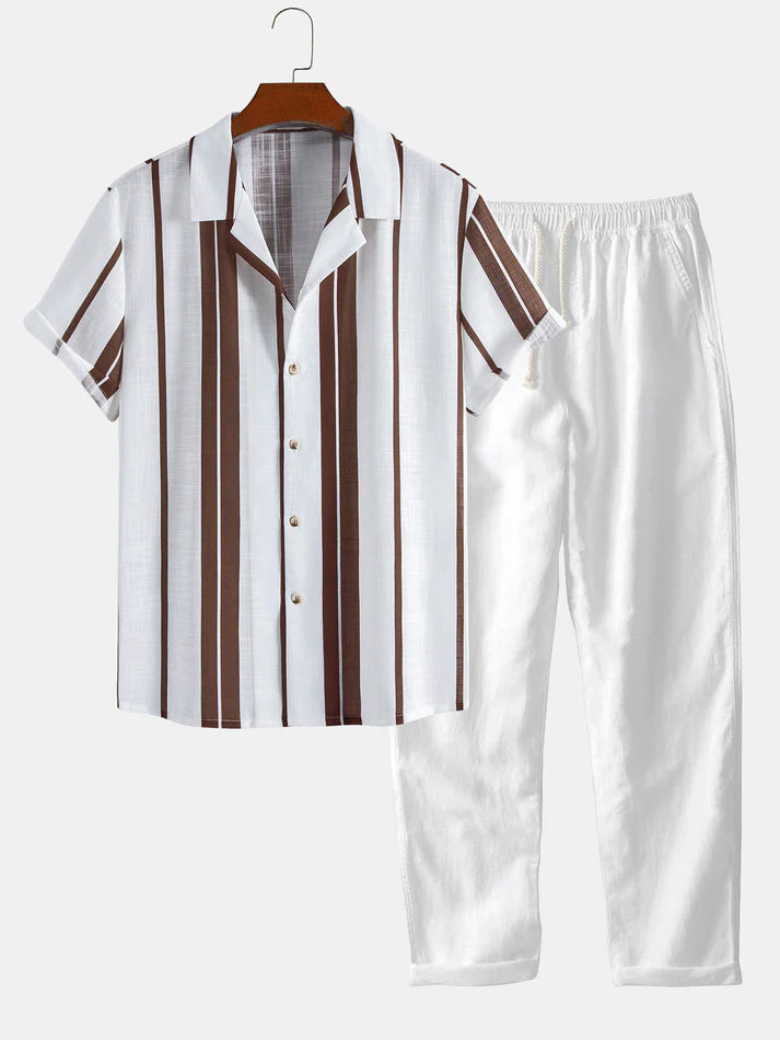 Hemd im Leinen-Look mit Streifenmuster im kubanischen Stil & Leinenhose mit geradem Bein