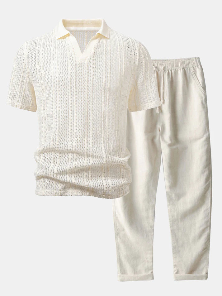Polohemd in Relax-Fit mit Streifenmuster und offenem Strick sowie Leinenhose mit geradem Bein