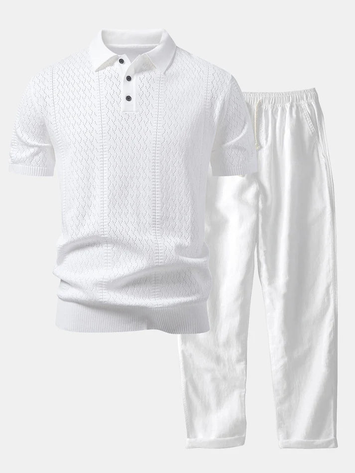 Polohemd aus offenmaschigem Strick mit geometrischem Jacquard-Muster & Leinenhose mit geradem Bein
