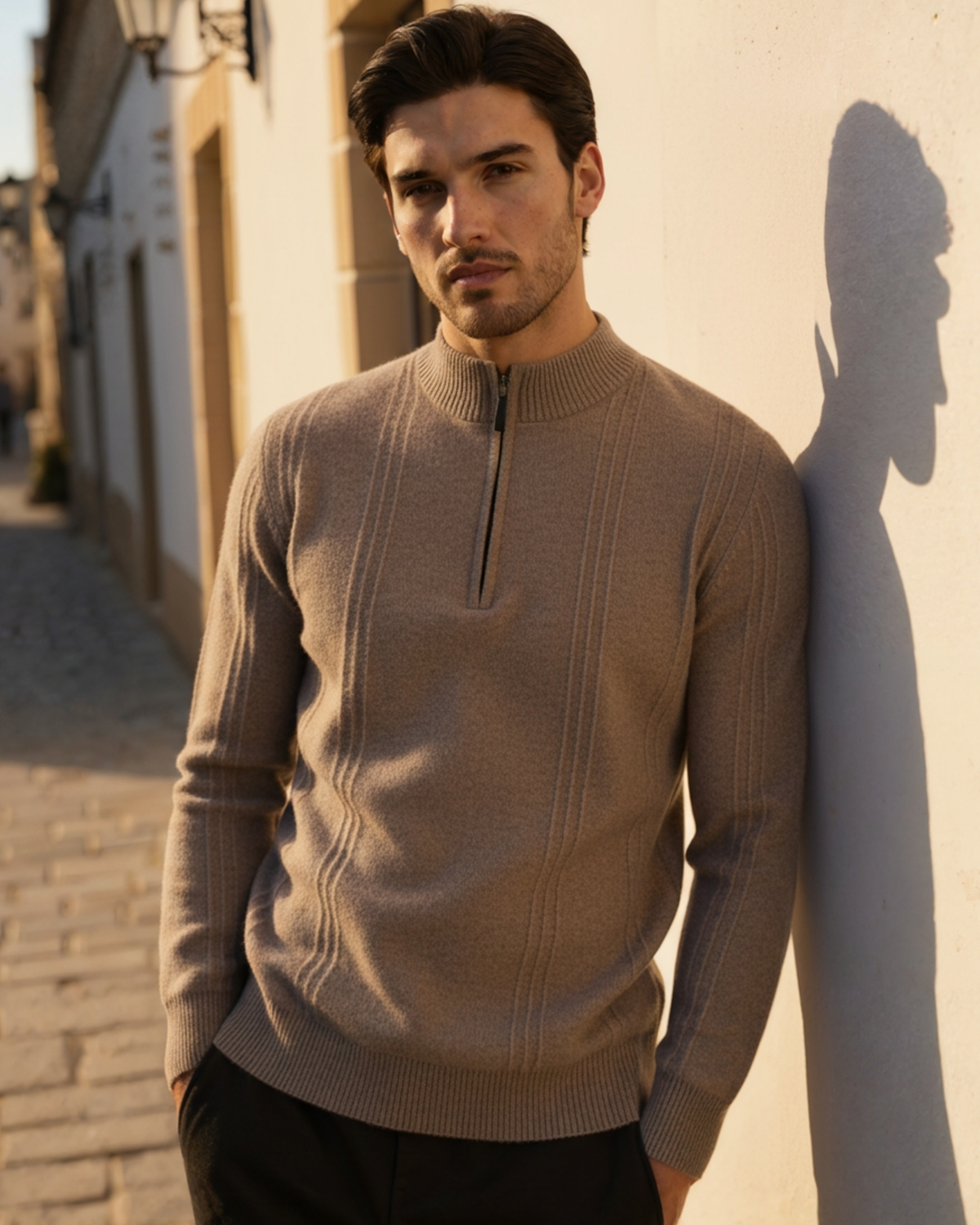 100% Kaschmir-Half-Zip mit Rippstruktur