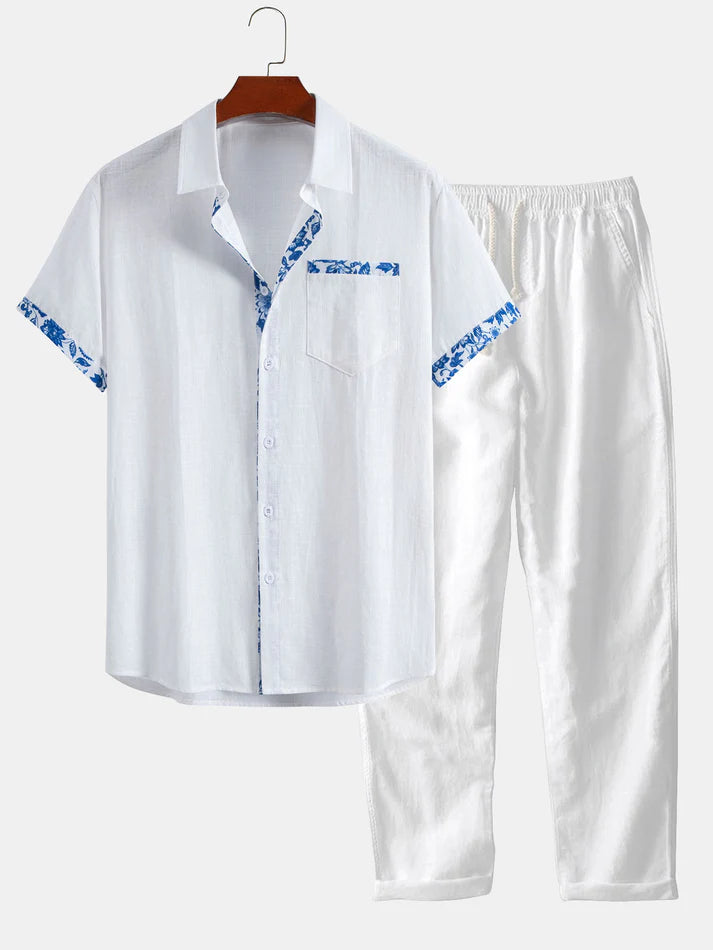 Hemd im Leinen-Look mit kontrastierendem Blumenmuster & Leinenhose mit geradem Bein