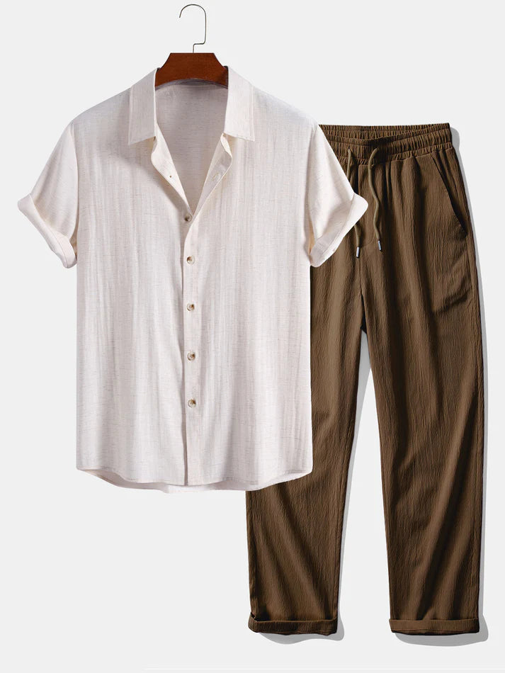 Hemd aus einer Leinen-Rayon-Mischung mit Knöpfen & gerade geschnittene Hose mit Crinkle-Struktur