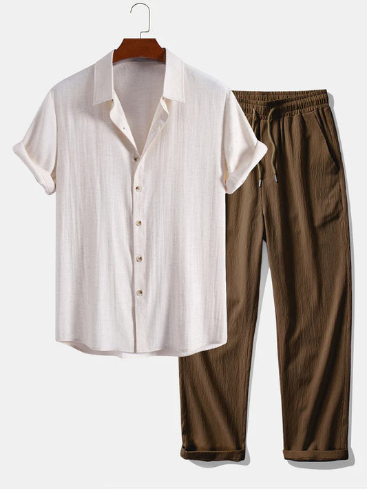 Hemd aus einer Leinen-Rayon-Mischung mit Knöpfen & gerade geschnittene Hose mit Crinkle-Struktur