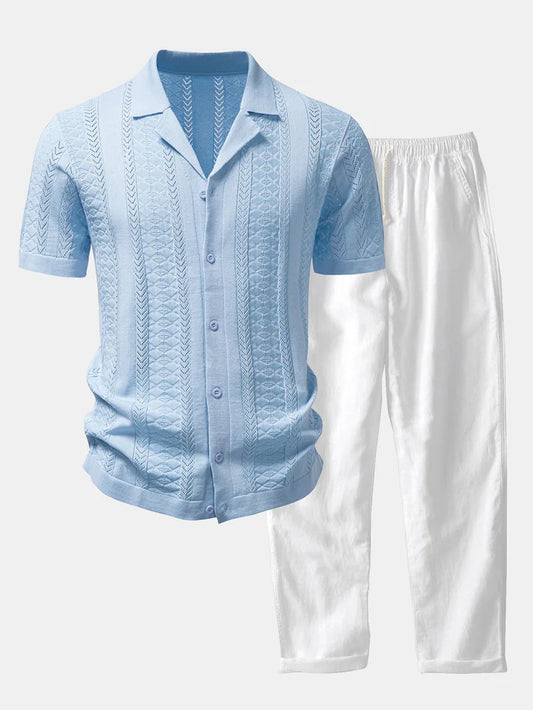 Shirt aus strukturiertem Jacquard-Strick mit offenem Strickmuster & Leinenhose mit geradem Bein