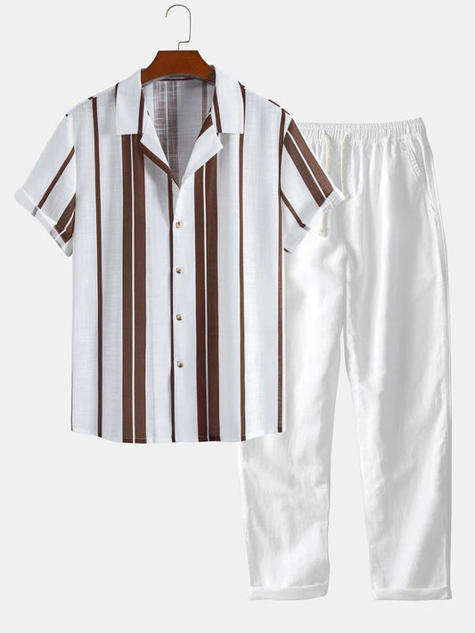 Hemd im Leinen-Look mit Streifenmuster im kubanischen Stil & Leinenhose mit geradem Bein