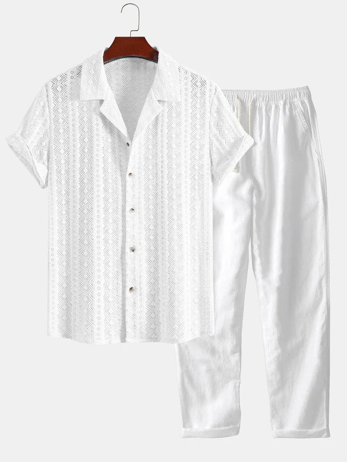 Hemd im kubanischen Stil mit geometrischem Jacquard-Muster & Leinenhose mit geradem Bein