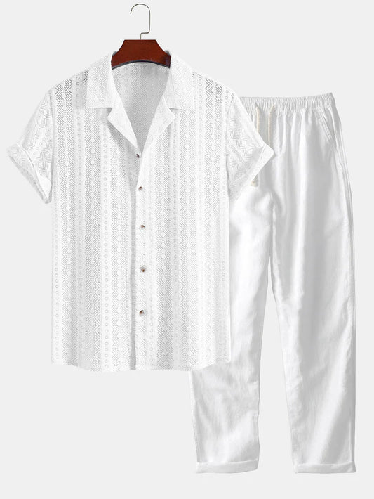 Hemd im kubanischen Stil mit geometrischem Jacquard-Muster & Leinenhose mit geradem Bein