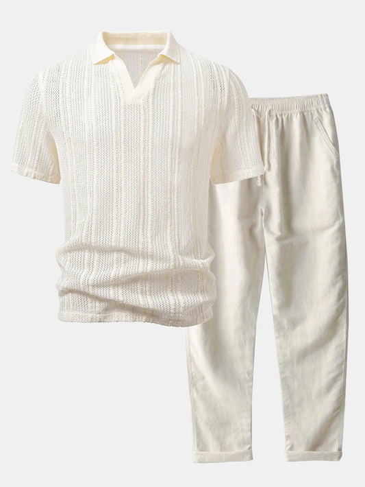Polohemd in Relax-Fit mit Streifenmuster und offenem Strick sowie Leinenhose mit geradem Bein