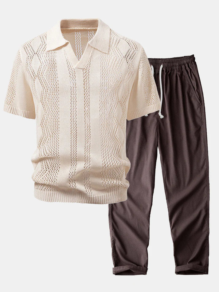 Polohemd mit V-Ausschnitt in Relax-Fit-Geometrie-Häkeloptik & Leinenhose mit geradem Bein